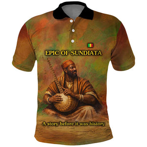 Sundiata Keita Polo Shirt Griot Storytelling Scene, Epic of Sundiata Text and Heritage-Inspired Earth Tone - African Pride