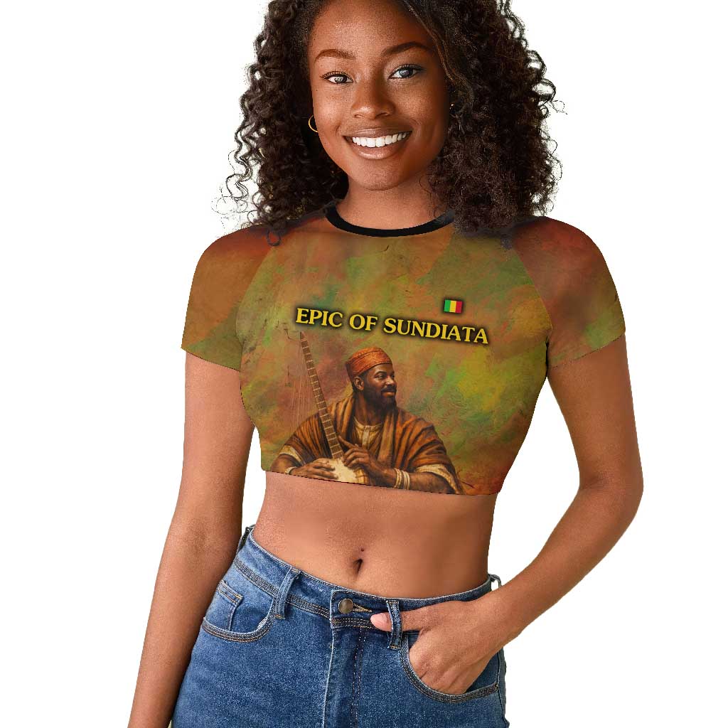 Sundiata Keita Raglan Cropped T shirt Griot Storytelling Scene, Epic of Sundiata Text and Heritage-Inspired Earth Tone - African Pride