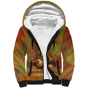 Sundiata Keita Sherpa Hoodie Griot Storytelling Scene, Epic of Sundiata Text and Heritage-Inspired Earth Tone - African Pride