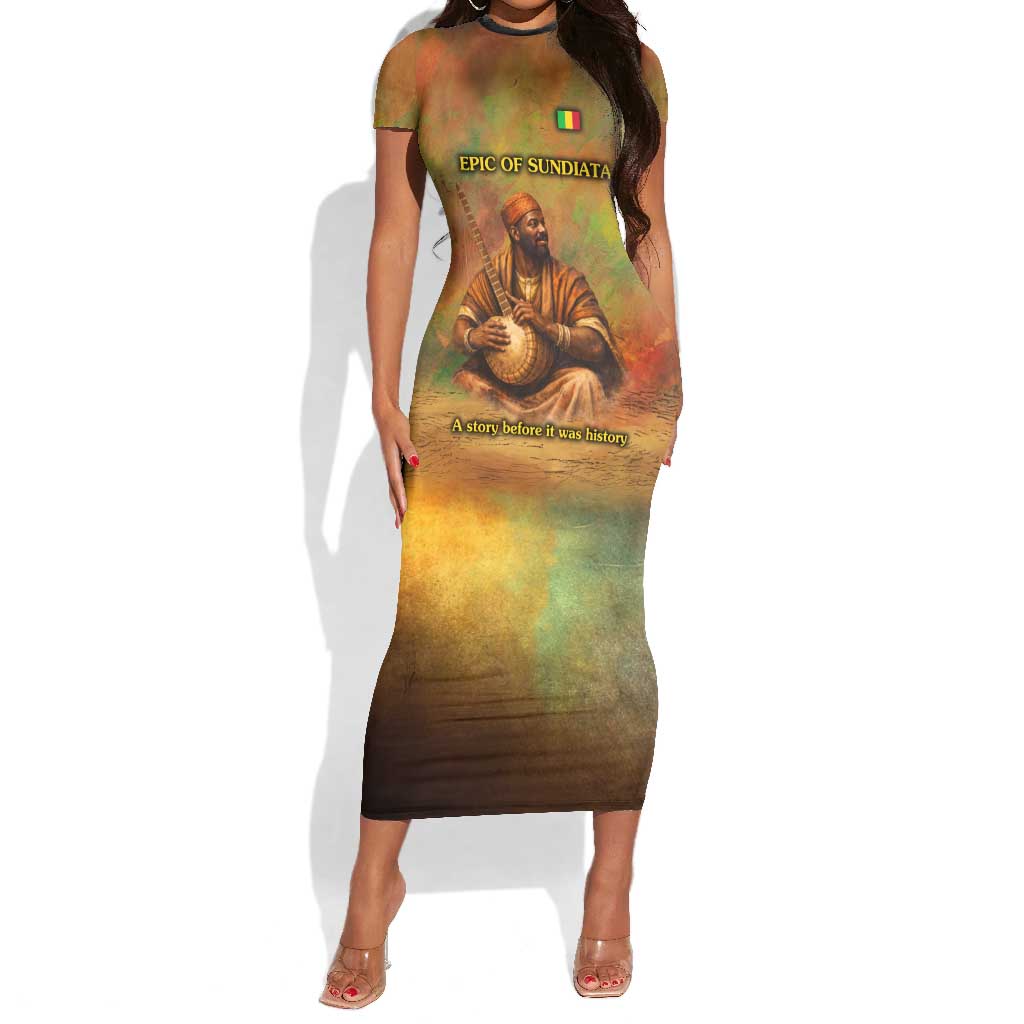 Sundiata Keita Short Sleeve Bodycon Dress Griot Storytelling Scene, Epic of Sundiata Text and Heritage-Inspired Earth Tone - African Pride
