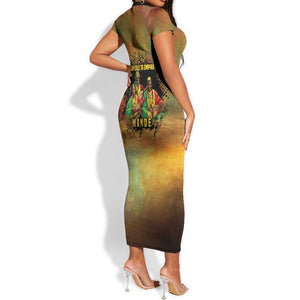 Sundiata Keita Short Sleeve Bodycon Dress Griot Storytelling Scene, Epic of Sundiata Text and Heritage-Inspired Earth Tone - African Pride