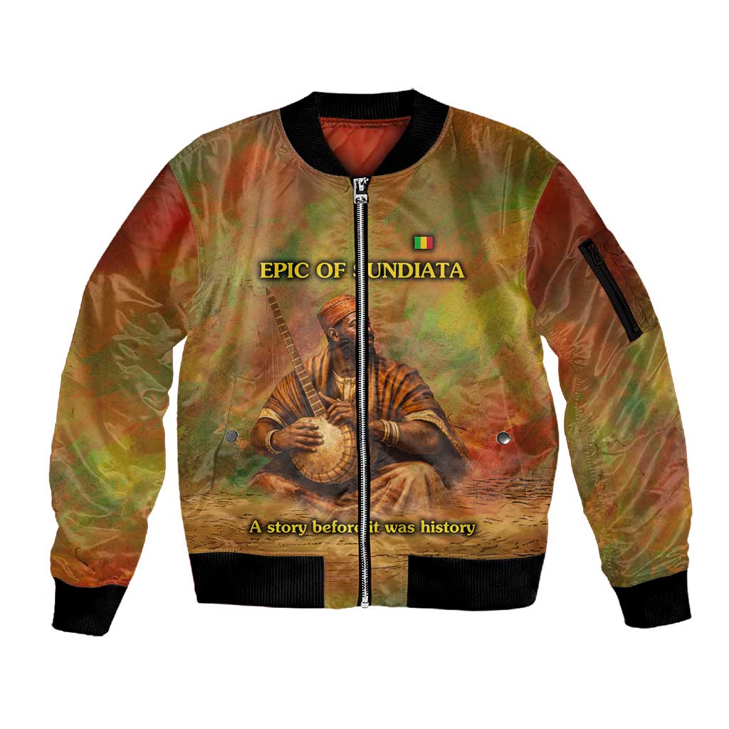 Sundiata Keita Sleeve Zip Bomber Jacket Griot Storytelling Scene, Epic of Sundiata Text and Heritage-Inspired Earth Tone - African Pride