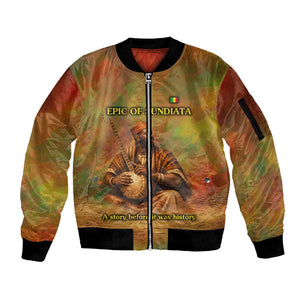 Sundiata Keita Sleeve Zip Bomber Jacket Griot Storytelling Scene, Epic of Sundiata Text and Heritage-Inspired Earth Tone - African Pride