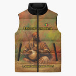 Sundiata Keita Sleeveless Puffer Jacket Griot Storytelling Scene, Epic of Sundiata Text and Heritage-Inspired Earth Tone - African Pride