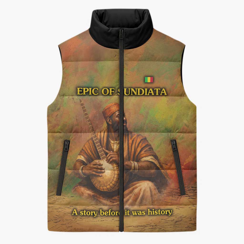 Sundiata Keita Sleeveless Puffer Jacket Griot Storytelling Scene, Epic of Sundiata Text and Heritage-Inspired Earth Tone - African Pride