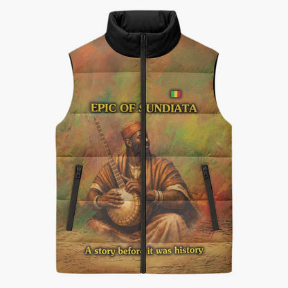 Sundiata Keita Sleeveless Puffer Jacket Griot Storytelling Scene, Epic of Sundiata Text and Heritage-Inspired Earth Tone - African Pride