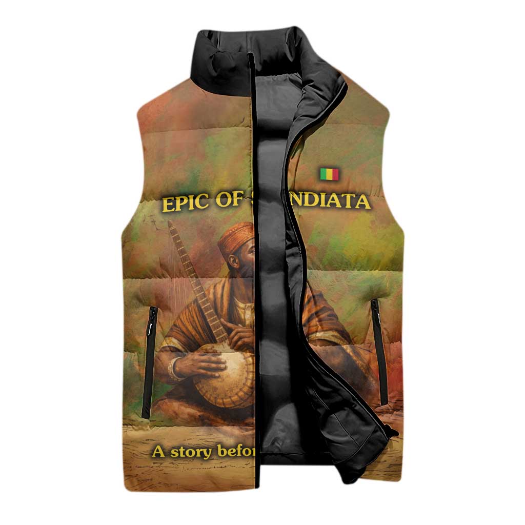 Sundiata Keita Sleeveless Puffer Jacket Griot Storytelling Scene, Epic of Sundiata Text and Heritage-Inspired Earth Tone - African Pride