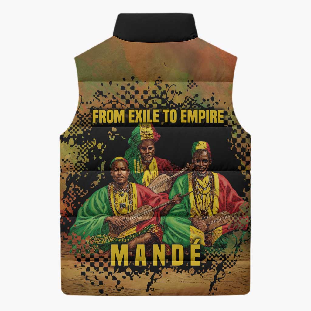 Sundiata Keita Sleeveless Puffer Jacket Griot Storytelling Scene, Epic of Sundiata Text and Heritage-Inspired Earth Tone - African Pride