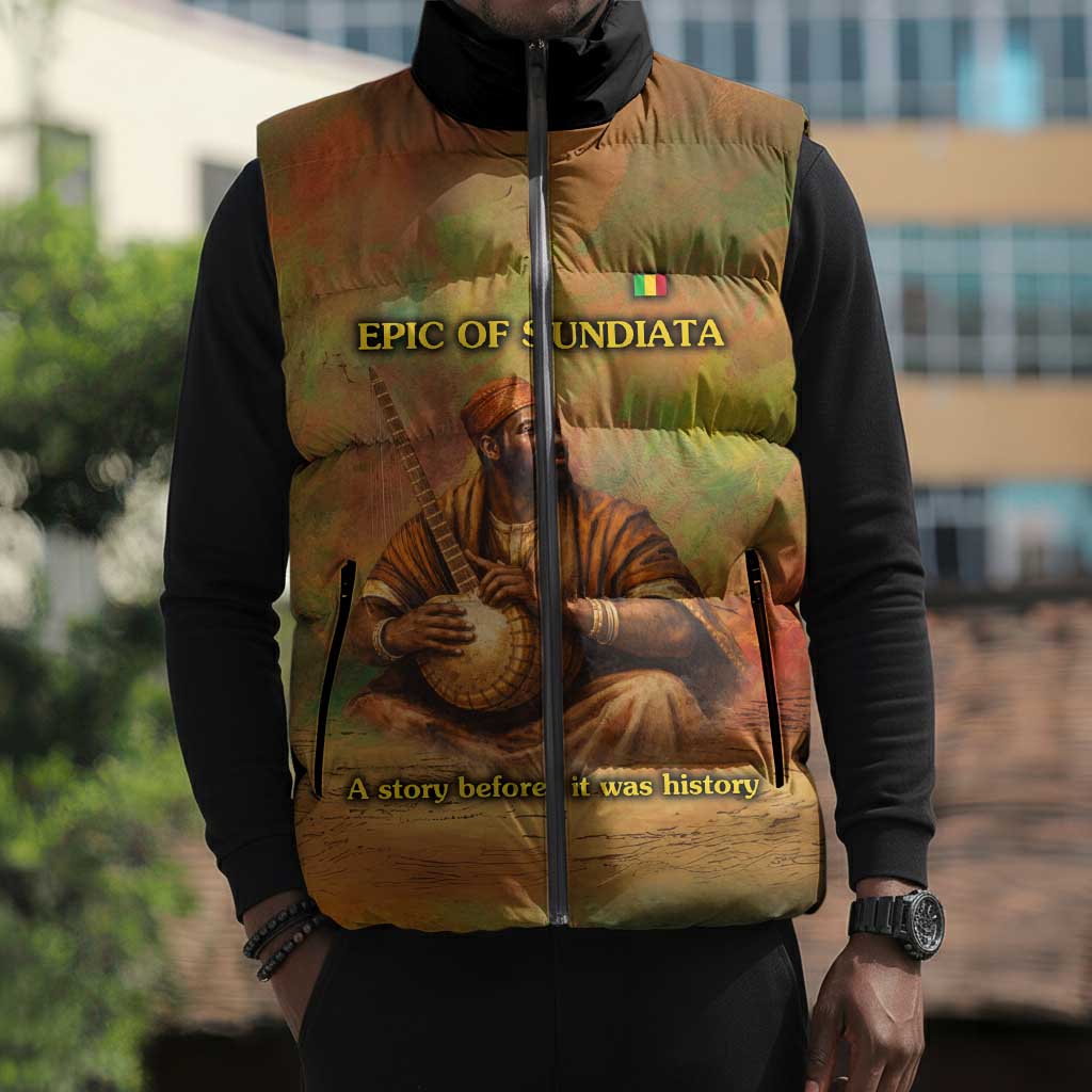 Sundiata Keita Sleeveless Puffer Jacket Griot Storytelling Scene, Epic of Sundiata Text and Heritage-Inspired Earth Tone - African Pride