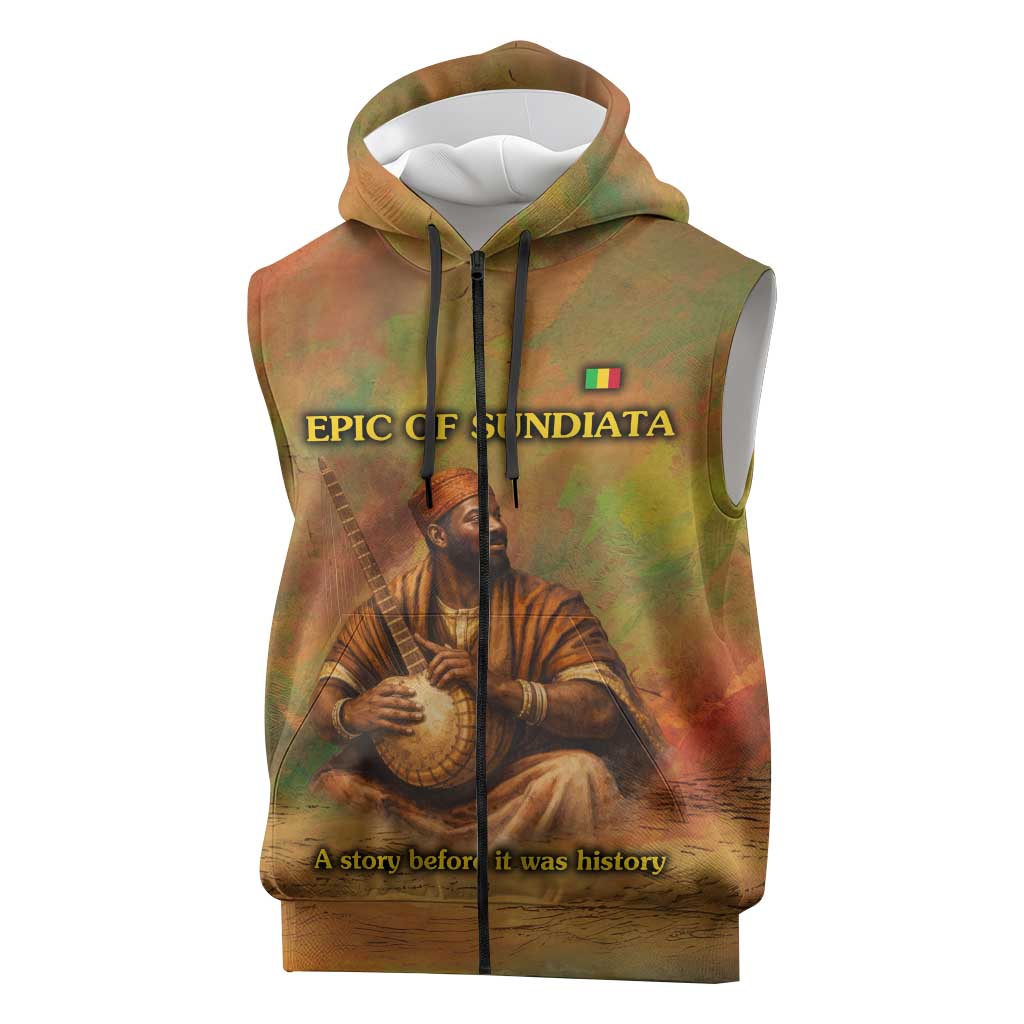 Sundiata Keita Sleeveless Zip Hoodie Griot Storytelling Scene, Epic of Sundiata Text and Heritage-Inspired Earth Tone - African Pride