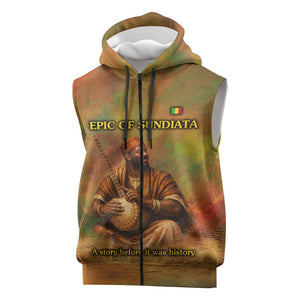 Sundiata Keita Sleeveless Zip Hoodie Griot Storytelling Scene, Epic of Sundiata Text and Heritage-Inspired Earth Tone - African Pride