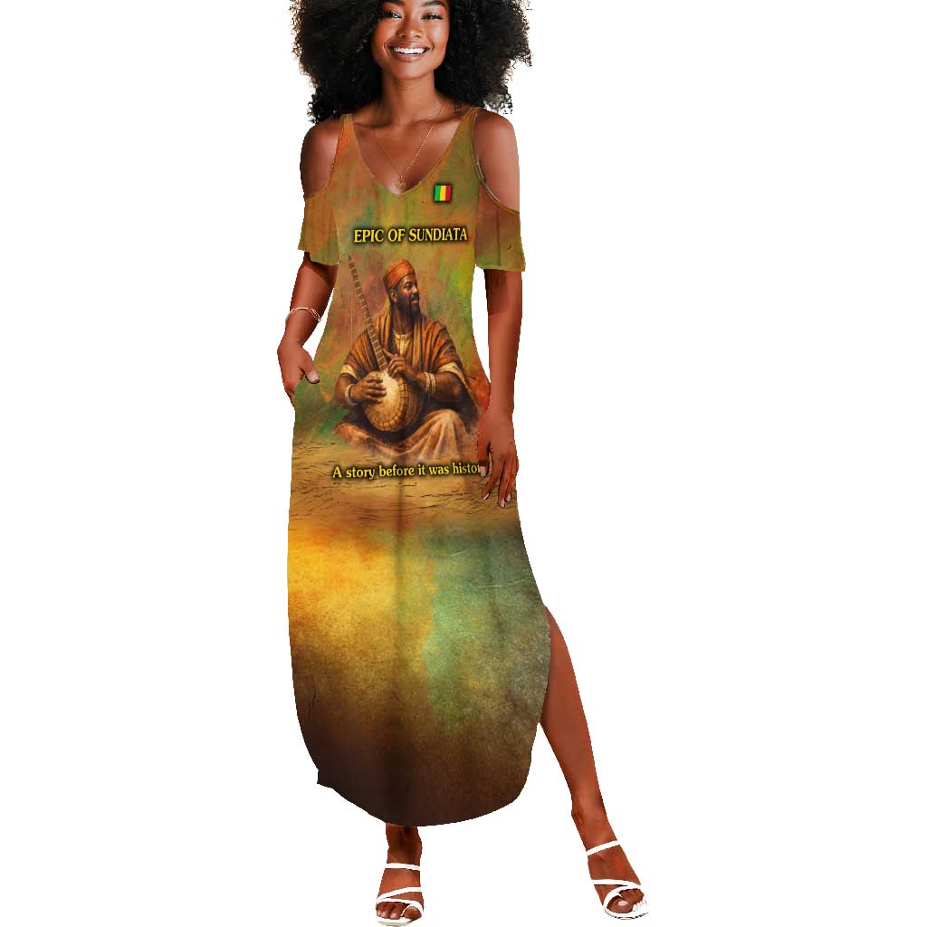 Sundiata Keita Summer Maxi Dress Griot Storytelling Scene, Epic of Sundiata Text and Heritage-Inspired Earth Tone - African Pride