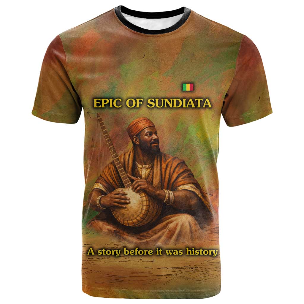 Sundiata Keita T shirt Griot Storytelling Scene, Epic of Sundiata Text and Heritage-Inspired Earth Tone - African Pride