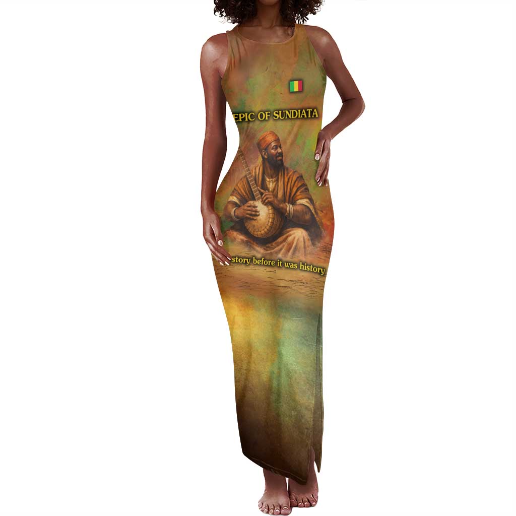 Sundiata Keita Tank Maxi Dress Griot Storytelling Scene, Epic of Sundiata Text and Heritage-Inspired Earth Tone - African Pride