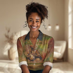 Sundiata Keita Women Casual Shirt Griot Storytelling Scene, Epic of Sundiata Text and Heritage-Inspired Earth Tone - African Pride