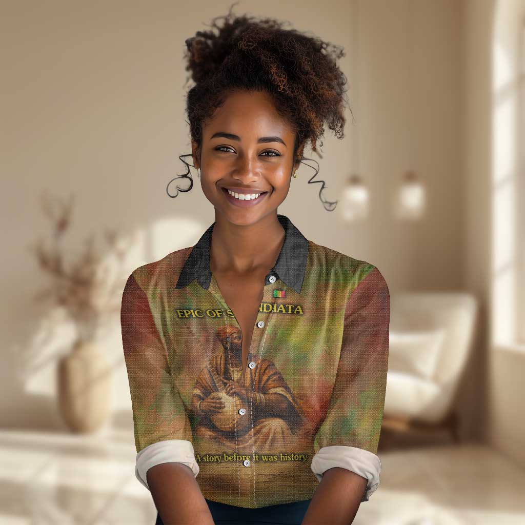 Sundiata Keita Women Casual Shirt Griot Storytelling Scene, Epic of Sundiata Text and Heritage-Inspired Earth Tone - African Pride