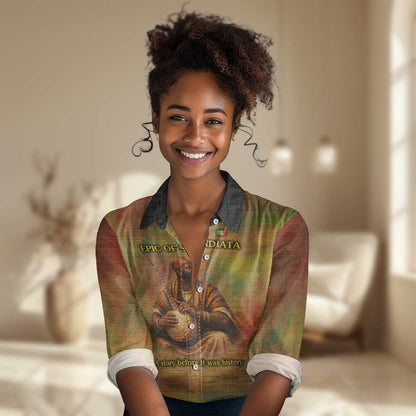 Sundiata Keita Women Casual Shirt Griot Storytelling Scene, Epic of Sundiata Text and Heritage-Inspired Earth Tone - African Pride