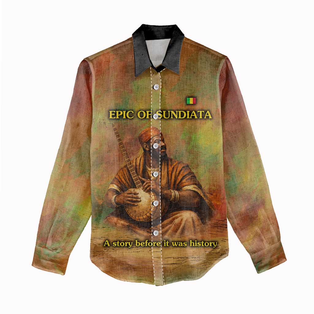 Sundiata Keita Women Casual Shirt Griot Storytelling Scene, Epic of Sundiata Text and Heritage-Inspired Earth Tone - African Pride