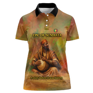Sundiata Keita Women Polo Shirt Griot Storytelling Scene, Epic of Sundiata Text and Heritage-Inspired Earth Tone - African Pride