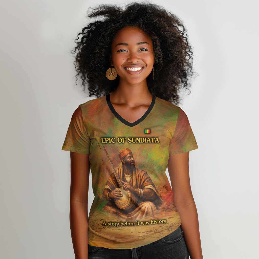 Sundiata Keita Women V-Neck T-Shirt Griot Storytelling Scene, Epic of Sundiata Text and Heritage-Inspired Earth Tone - African Pride