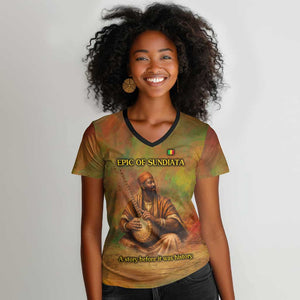 Sundiata Keita Women V-Neck T-Shirt Griot Storytelling Scene, Epic of Sundiata Text and Heritage-Inspired Earth Tone - African Pride