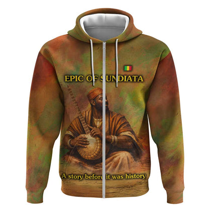 Sundiata Keita Zip Hoodie Griot Storytelling Scene, Epic of Sundiata Text and Heritage-Inspired Earth Tone - African Pride