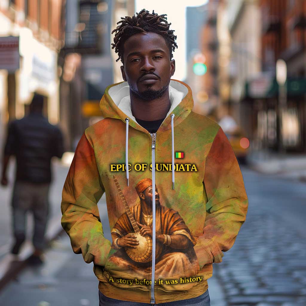 Sundiata Keita Zip Hoodie Griot Storytelling Scene, Epic of Sundiata Text and Heritage-Inspired Earth Tone - African Pride
