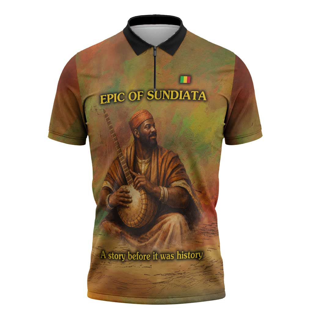 Sundiata Keita Zipper Polo Shirt Griot Storytelling Scene, Epic of Sundiata Text and Heritage-Inspired Earth Tone - African Pride