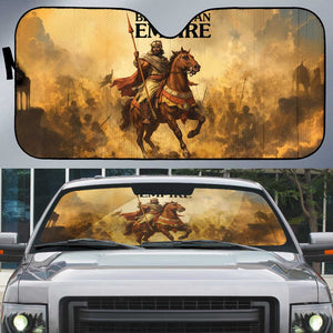 Sundiata Keita Auto Sun Shade with Kirina 1235 Battle Map, Horseback Warrior and Birth of an Empire Design - African Pride