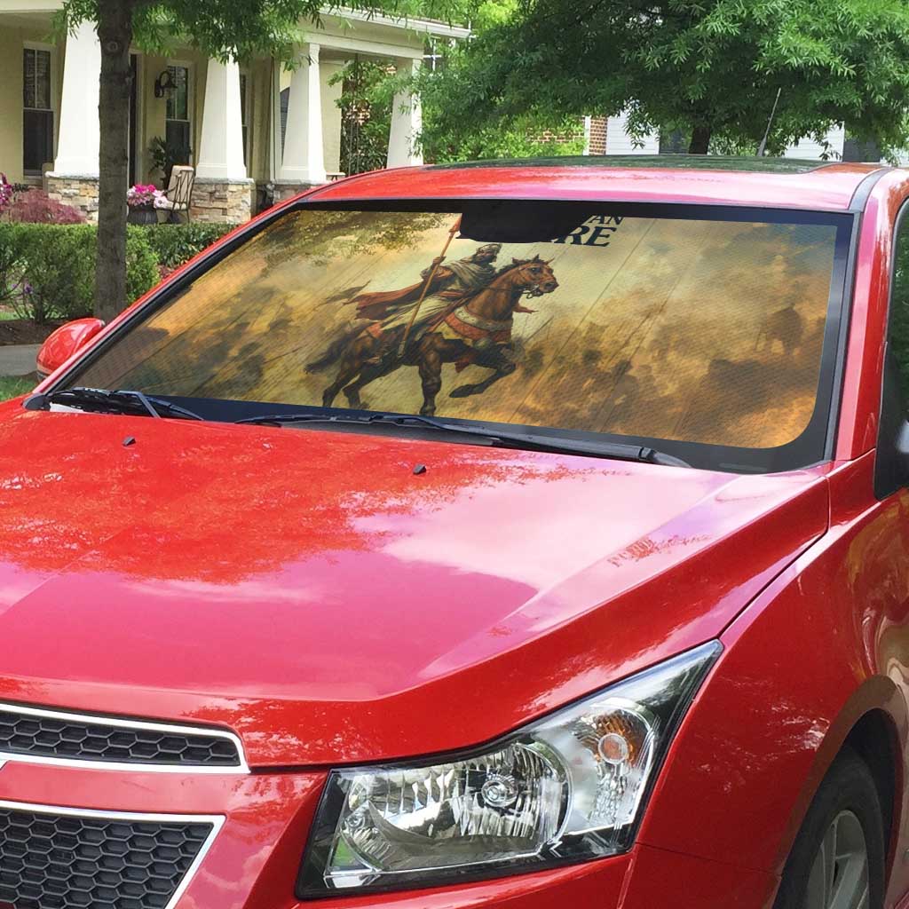 Sundiata Keita Auto Sun Shade with Kirina 1235 Battle Map, Horseback Warrior and Birth of an Empire Design - African Pride