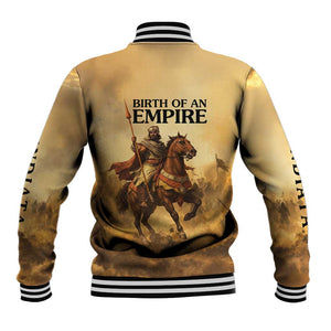 Sundiata Keita Baseball Jacket with Kirina 1235 Battle Map, Horseback Warrior and Birth of an Empire Design - African Pride