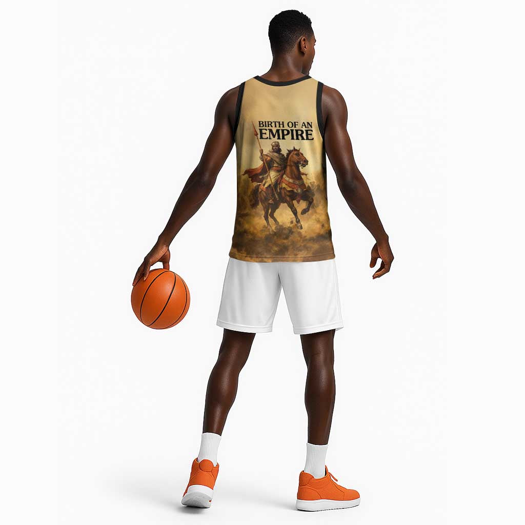 Sundiata Keita Basketball Jersey with Kirina 1235 Battle Map, Horseback Warrior and Birth of an Empire Design - African Pride