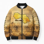 Sundiata Keita Bomber Puffer Jacket with Kirina 1235 Battle Map, Horseback Warrior and Birth of an Empire Design - African Pride