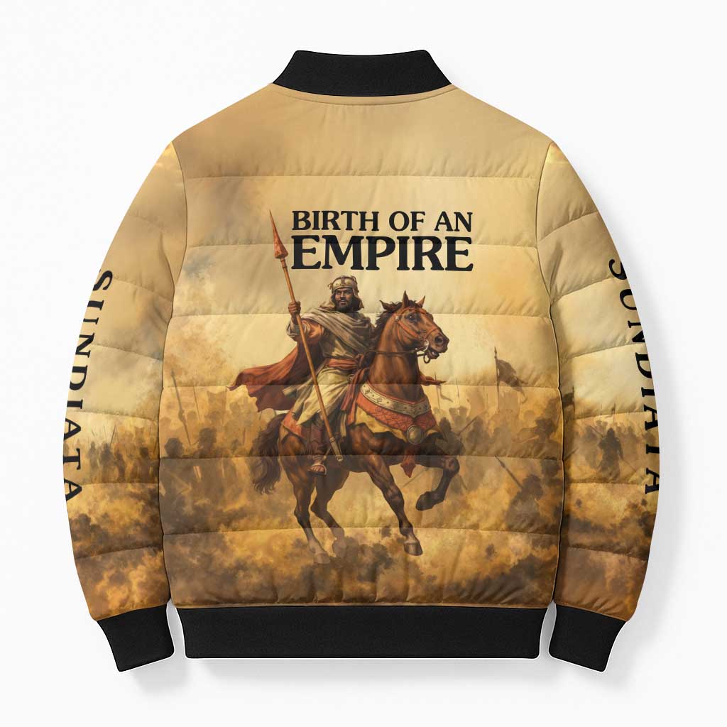 Sundiata Keita Bomber Puffer Jacket with Kirina 1235 Battle Map, Horseback Warrior and Birth of an Empire Design - African Pride
