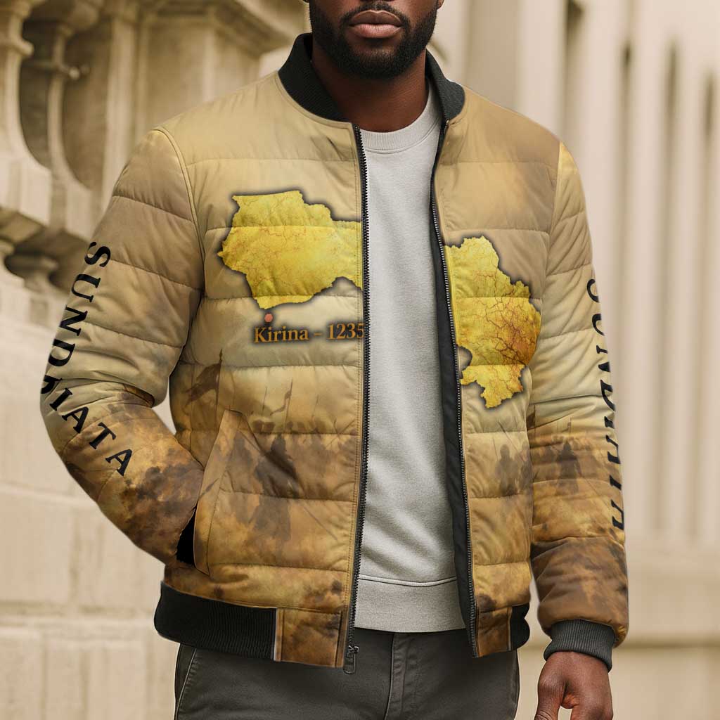 Sundiata Keita Bomber Puffer Jacket with Kirina 1235 Battle Map, Horseback Warrior and Birth of an Empire Design - African Pride