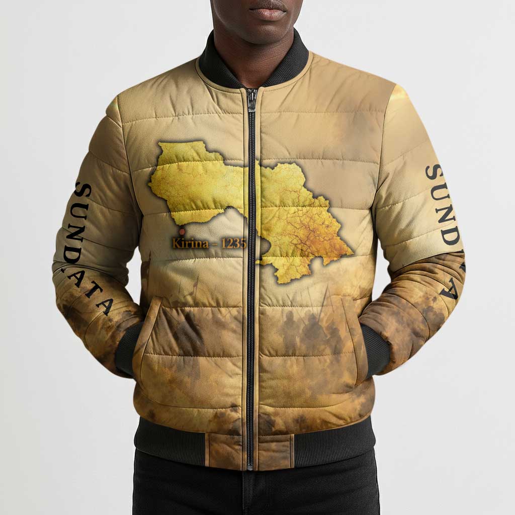 Sundiata Keita Bomber Puffer Jacket with Kirina 1235 Battle Map, Horseback Warrior and Birth of an Empire Design - African Pride