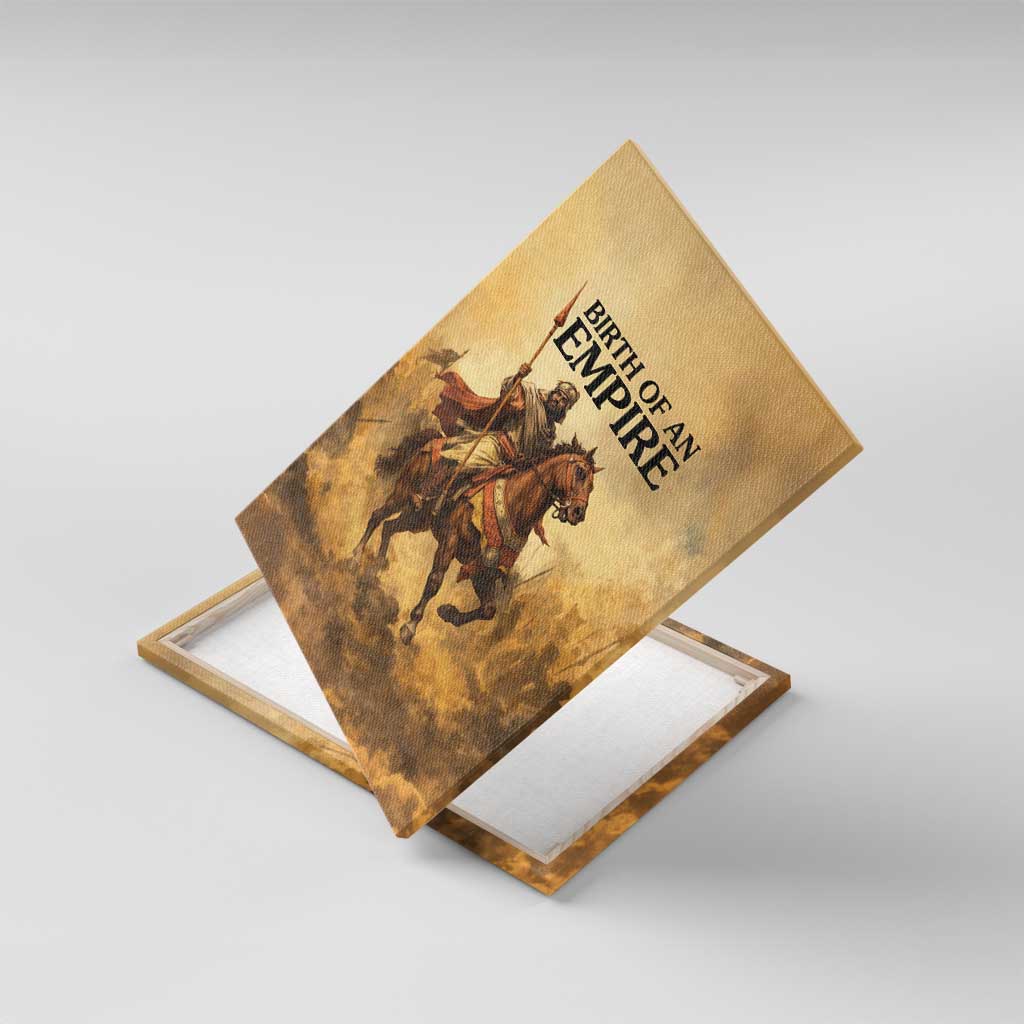 Sundiata Keita Canvas Wall Art with Kirina 1235 Battle Map, Horseback Warrior and Birth of an Empire Design - African Pride