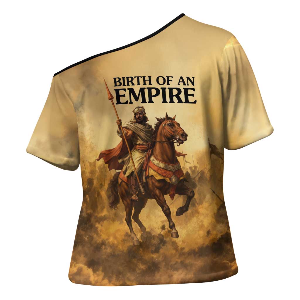 Sundiata Keita Cross Shoulder Shirt with Kirina 1235 Battle Map, Horseback Warrior and Birth of an Empire Design - African Pride