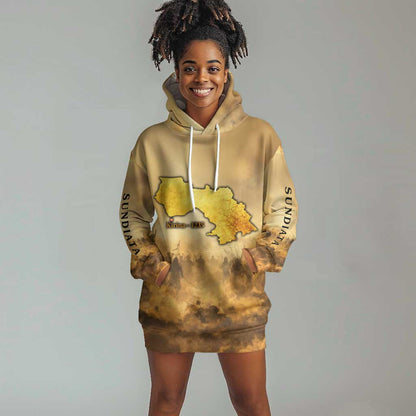 Sundiata Keita Hoodie Dress with Kirina 1235 Battle Map, Horseback Warrior and Birth of an Empire Design - African Pride