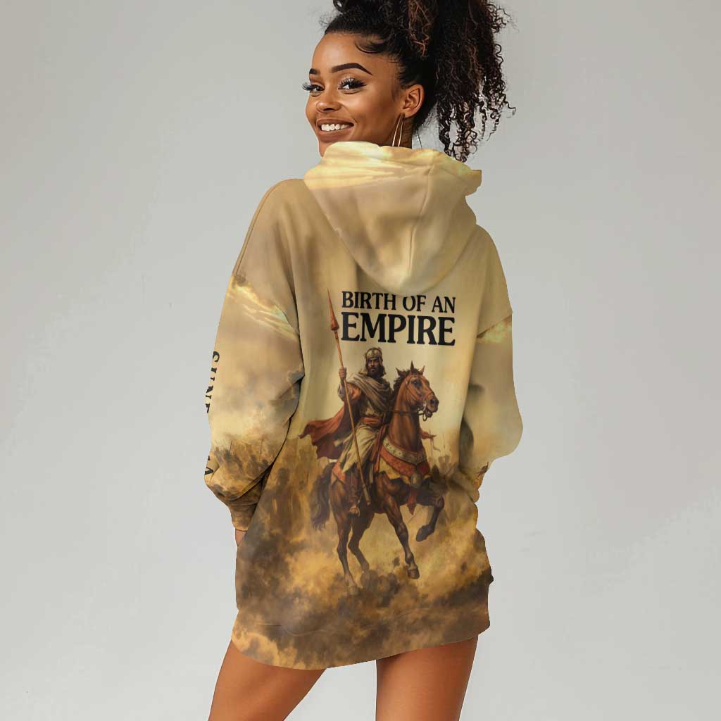 Sundiata Keita Hoodie Dress with Kirina 1235 Battle Map, Horseback Warrior and Birth of an Empire Design - African Pride