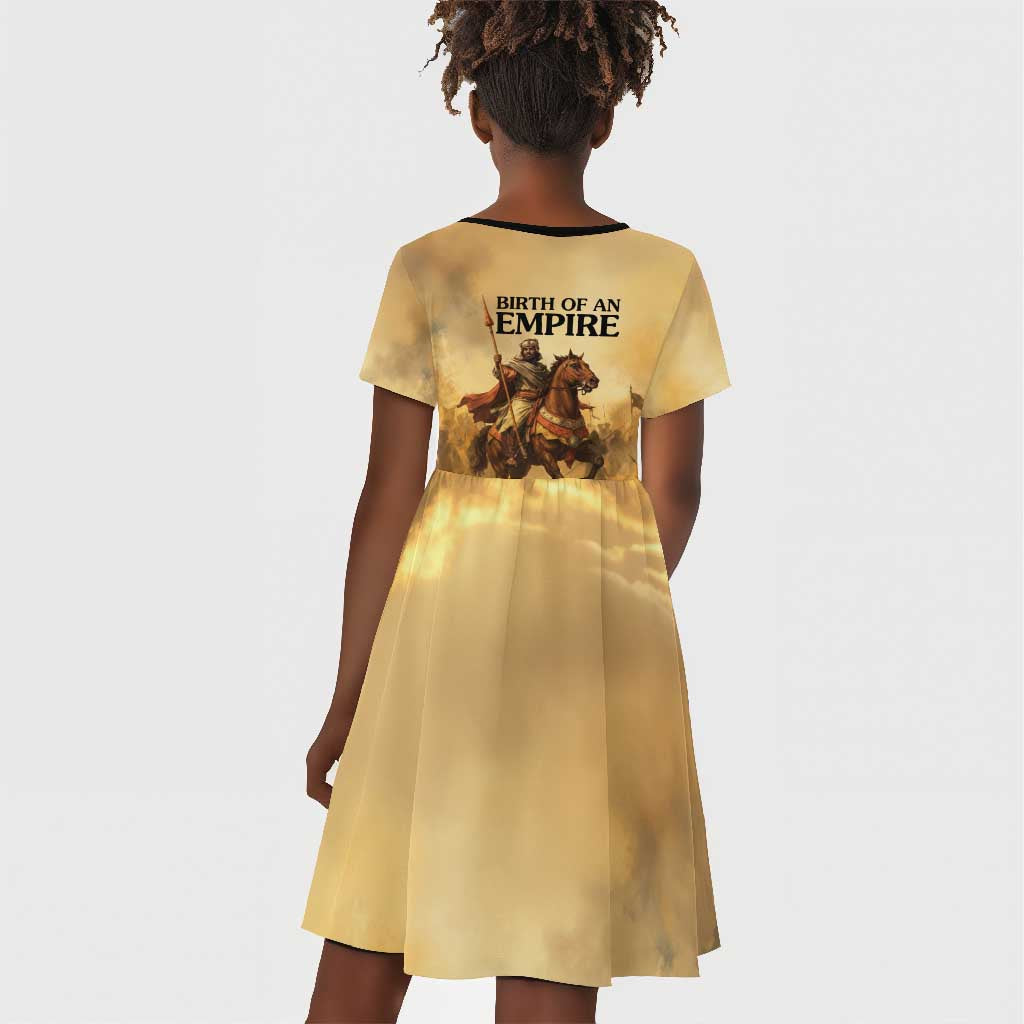 Sundiata Keita Kid Short Sleeve Dress with Kirina 1235 Battle Map, Horseback Warrior and Birth of an Empire Design - African Pride