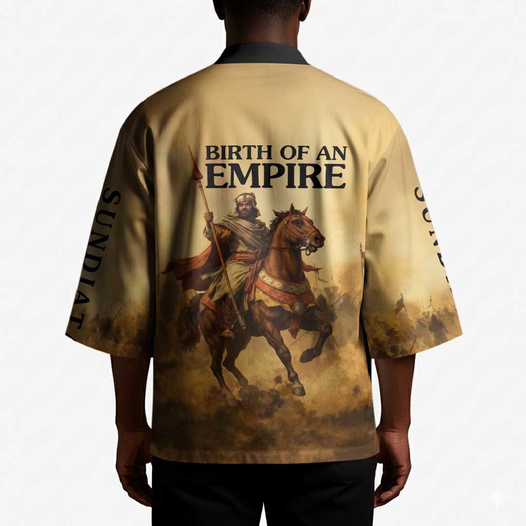 Sundiata Keita Kimono with Kirina 1235 Battle Map, Horseback Warrior and Birth of an Empire Design - African Pride