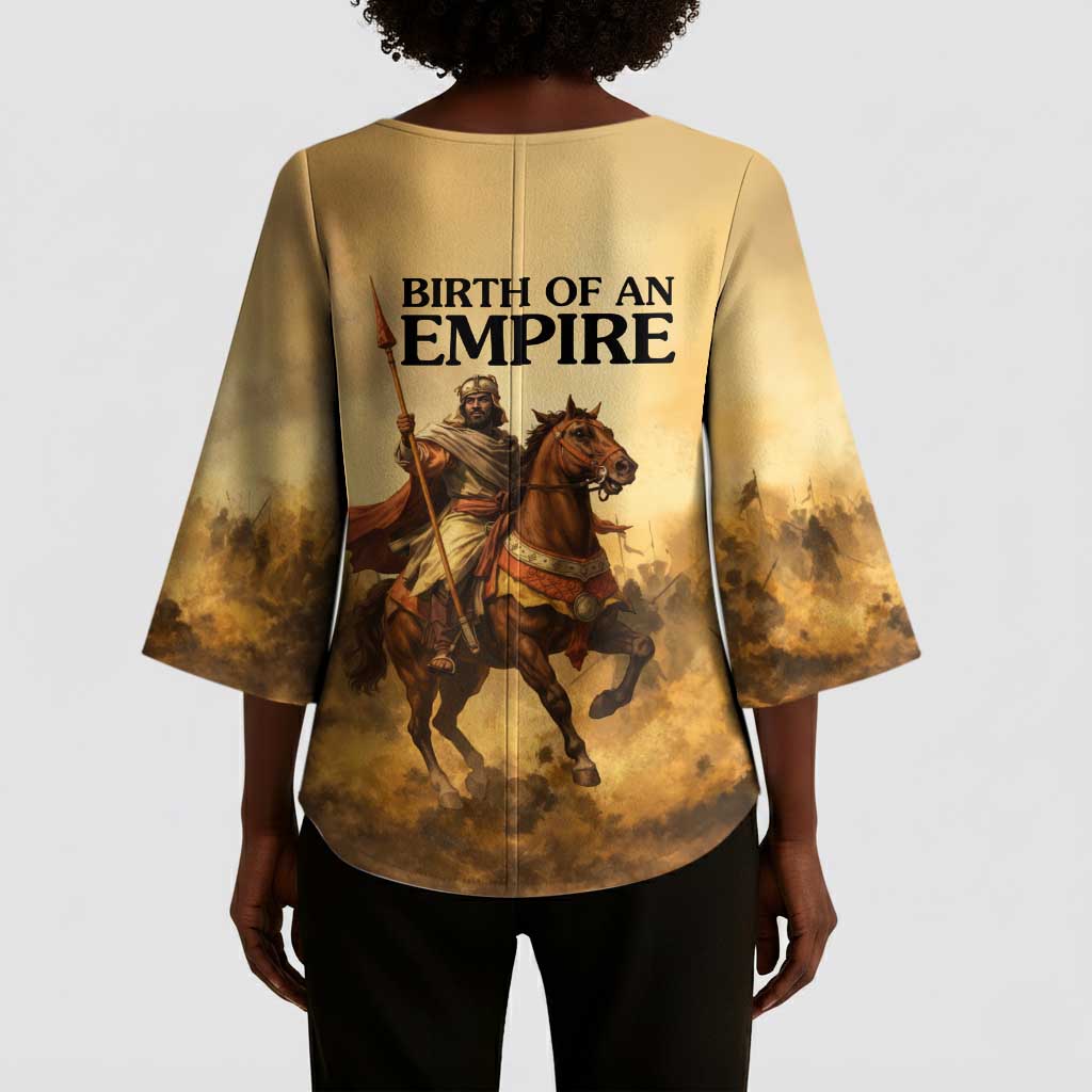 Sundiata Keita Kimono Sleeve Blouse with Kirina 1235 Battle Map, Horseback Warrior and Birth of an Empire Design - African Pride