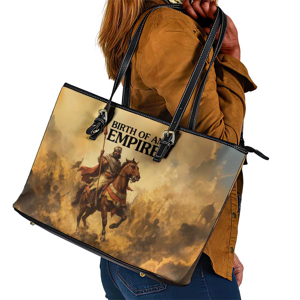 Sundiata Keita Leather Tote Bag with Kirina 1235 Battle Map, Horseback Warrior and Birth of an Empire Design - African Pride