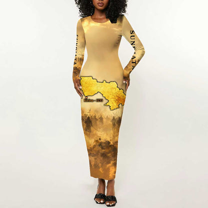Sundiata Keita Long Sleeve Bodycon Dress with Kirina 1235 Battle Map, Horseback Warrior and Birth of an Empire Design - African Pride