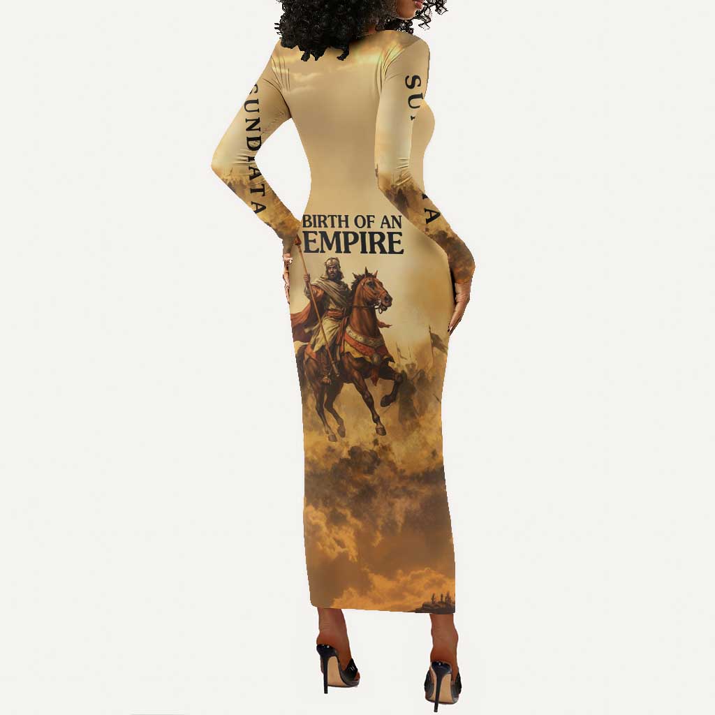 Sundiata Keita Long Sleeve Bodycon Dress with Kirina 1235 Battle Map, Horseback Warrior and Birth of an Empire Design - African Pride