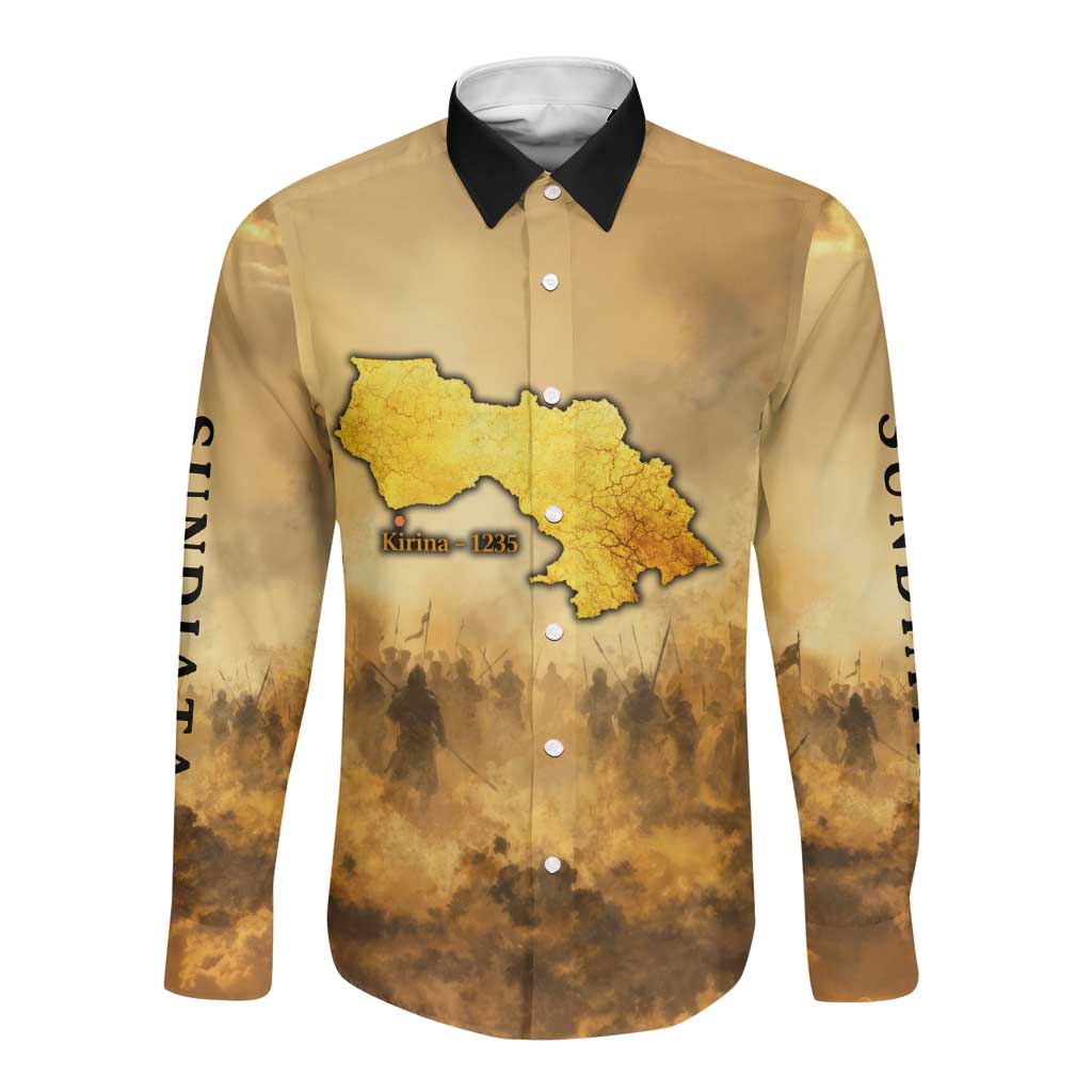 Sundiata Keita Long Sleeve Button Shirt with Kirina 1235 Battle Map, Horseback Warrior and Birth of an Empire Design - African Pride