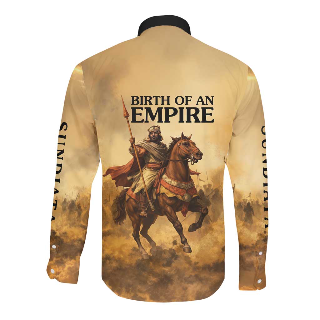 Sundiata Keita Long Sleeve Button Shirt with Kirina 1235 Battle Map, Horseback Warrior and Birth of an Empire Design - African Pride