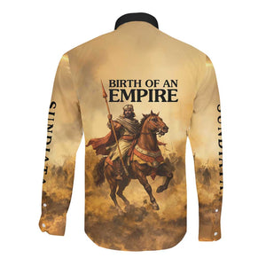 Sundiata Keita Long Sleeve Button Shirt with Kirina 1235 Battle Map, Horseback Warrior and Birth of an Empire Design - African Pride