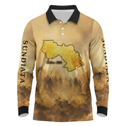Sundiata Keita Long Sleeve Polo Shirt with Kirina 1235 Battle Map, Horseback Warrior and Birth of an Empire Design - African Pride